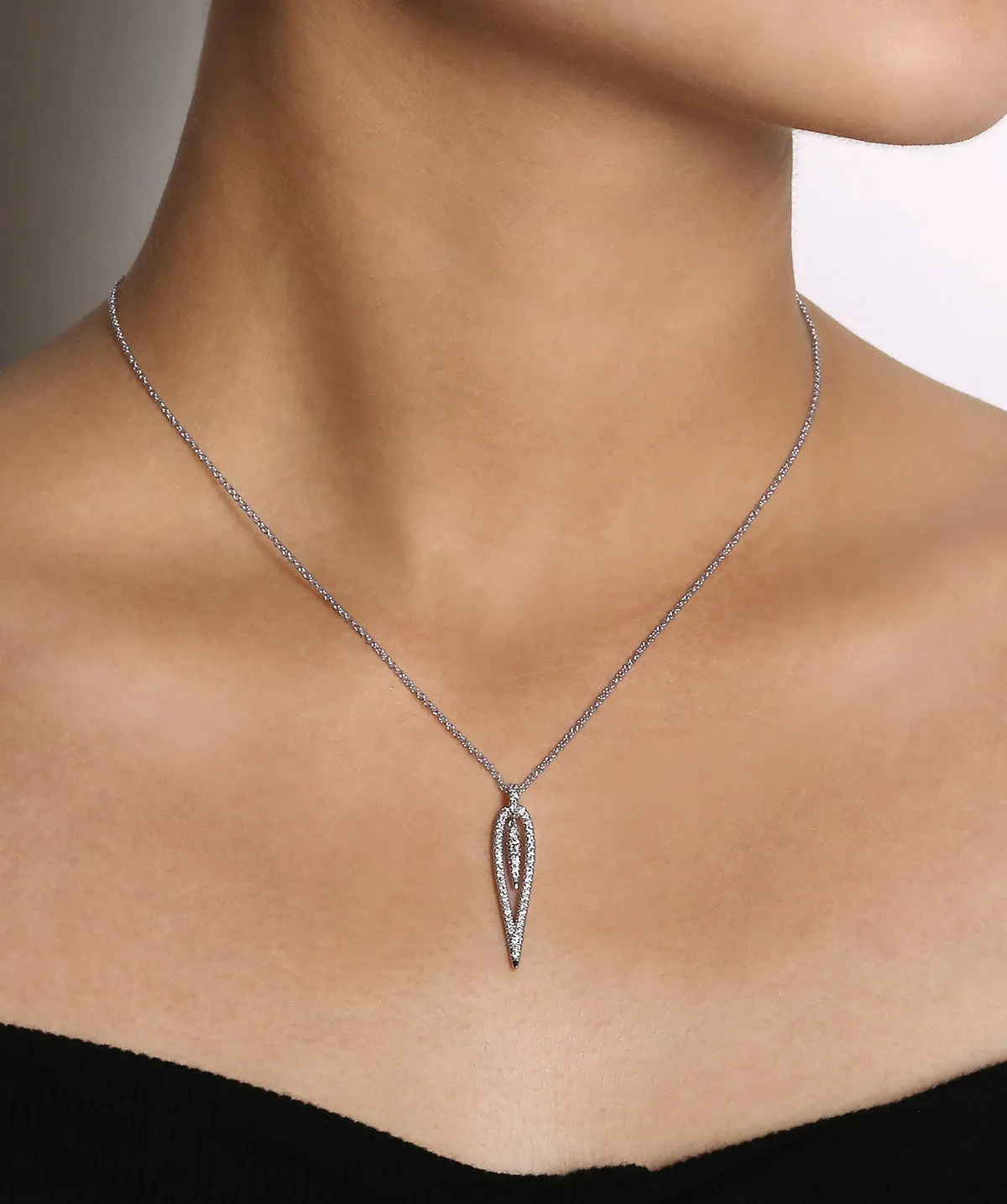 14K White Gold Open Teardrop Diamond Pendant Necklace