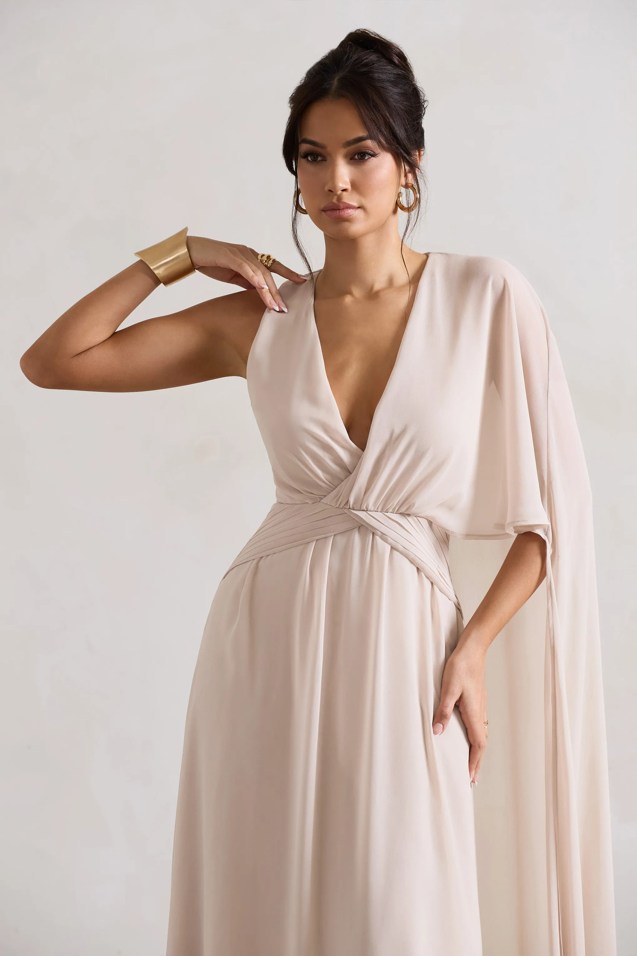 Fairytale | Champagne Plunge-Neck Chiffon Maxi Dress With Cape Sleeve