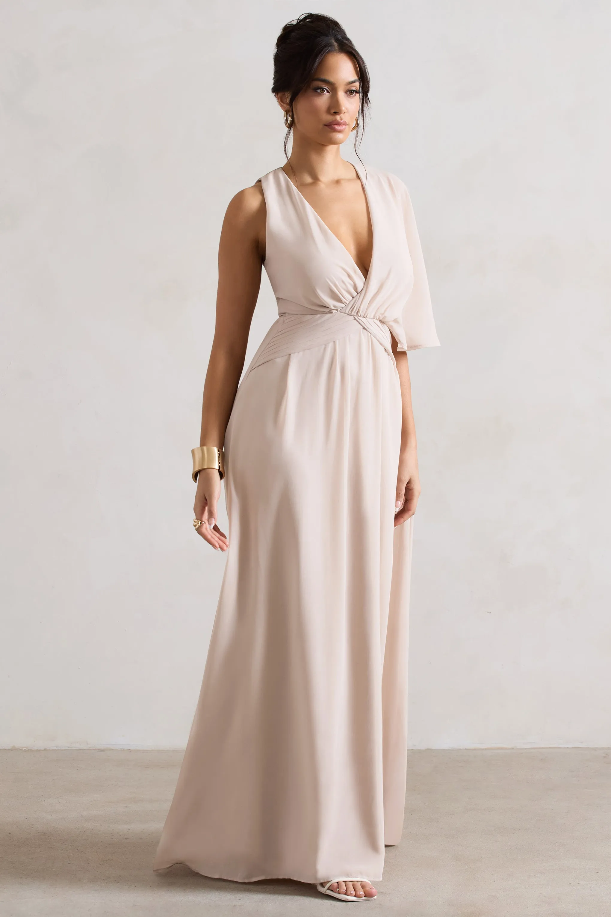 Fairytale | Champagne Plunge-Neck Chiffon Maxi Dress With Cape Sleeve