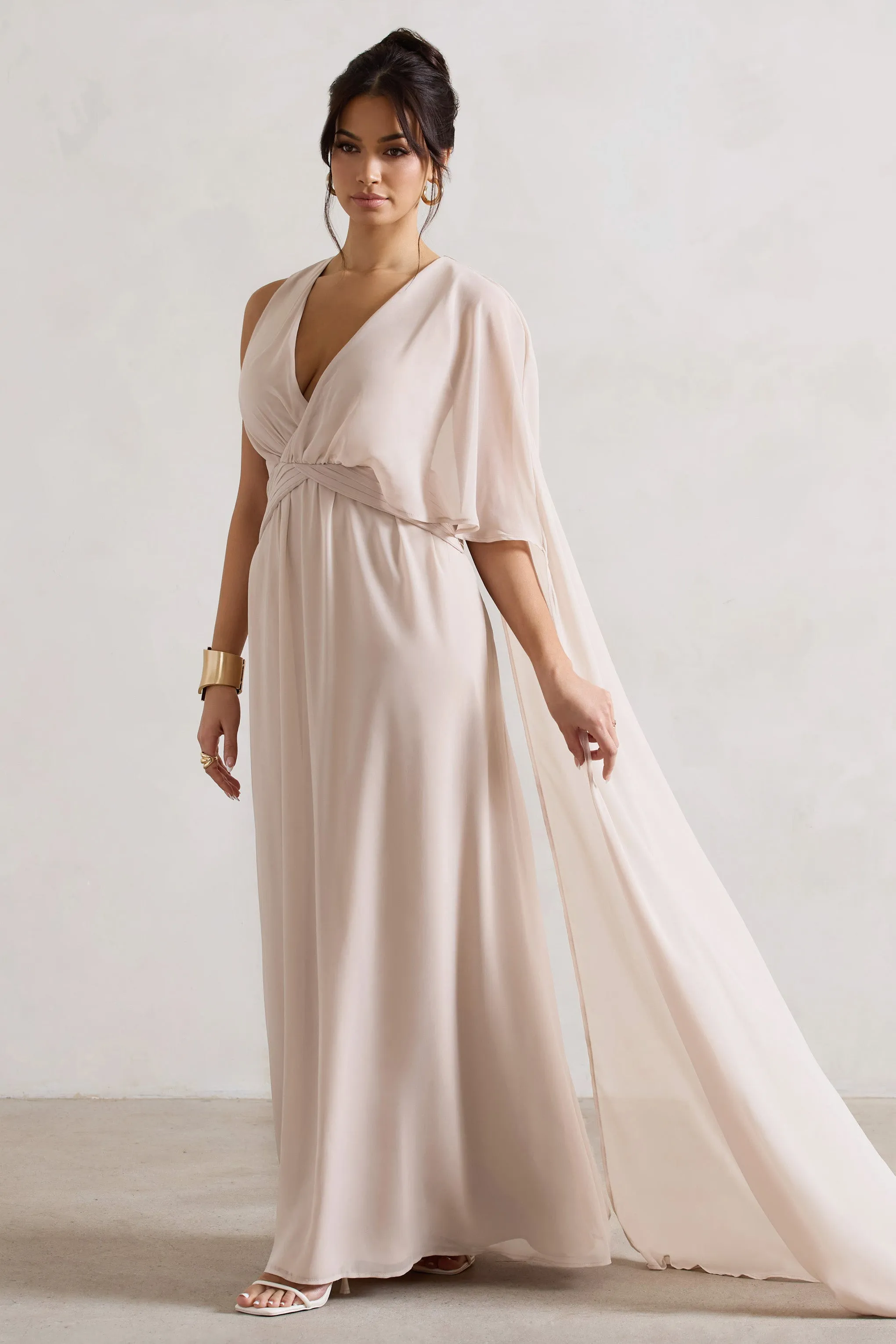 Fairytale | Champagne Plunge-Neck Chiffon Maxi Dress With Cape Sleeve
