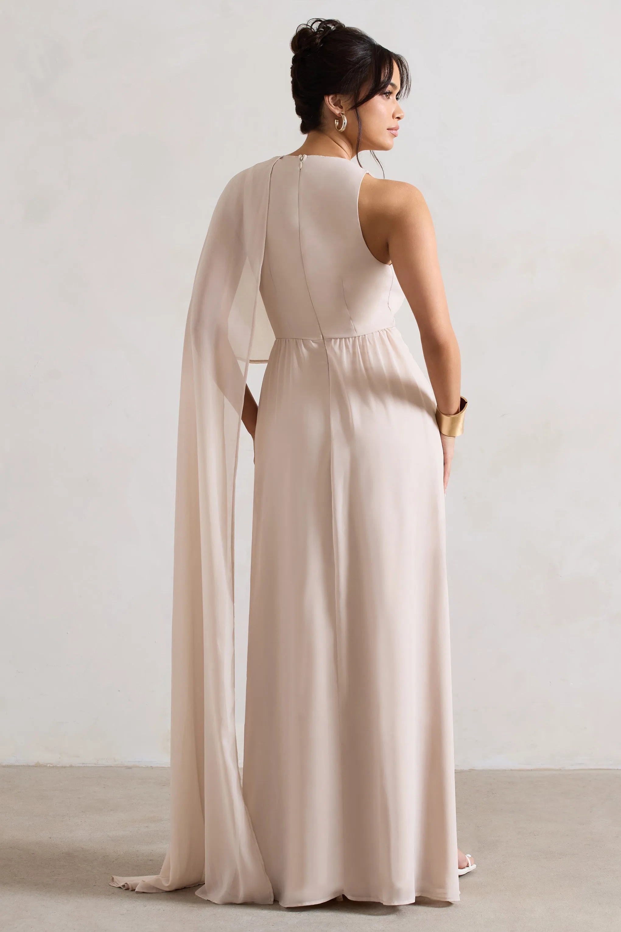 Fairytale | Champagne Plunge-Neck Chiffon Maxi Dress With Cape Sleeve
