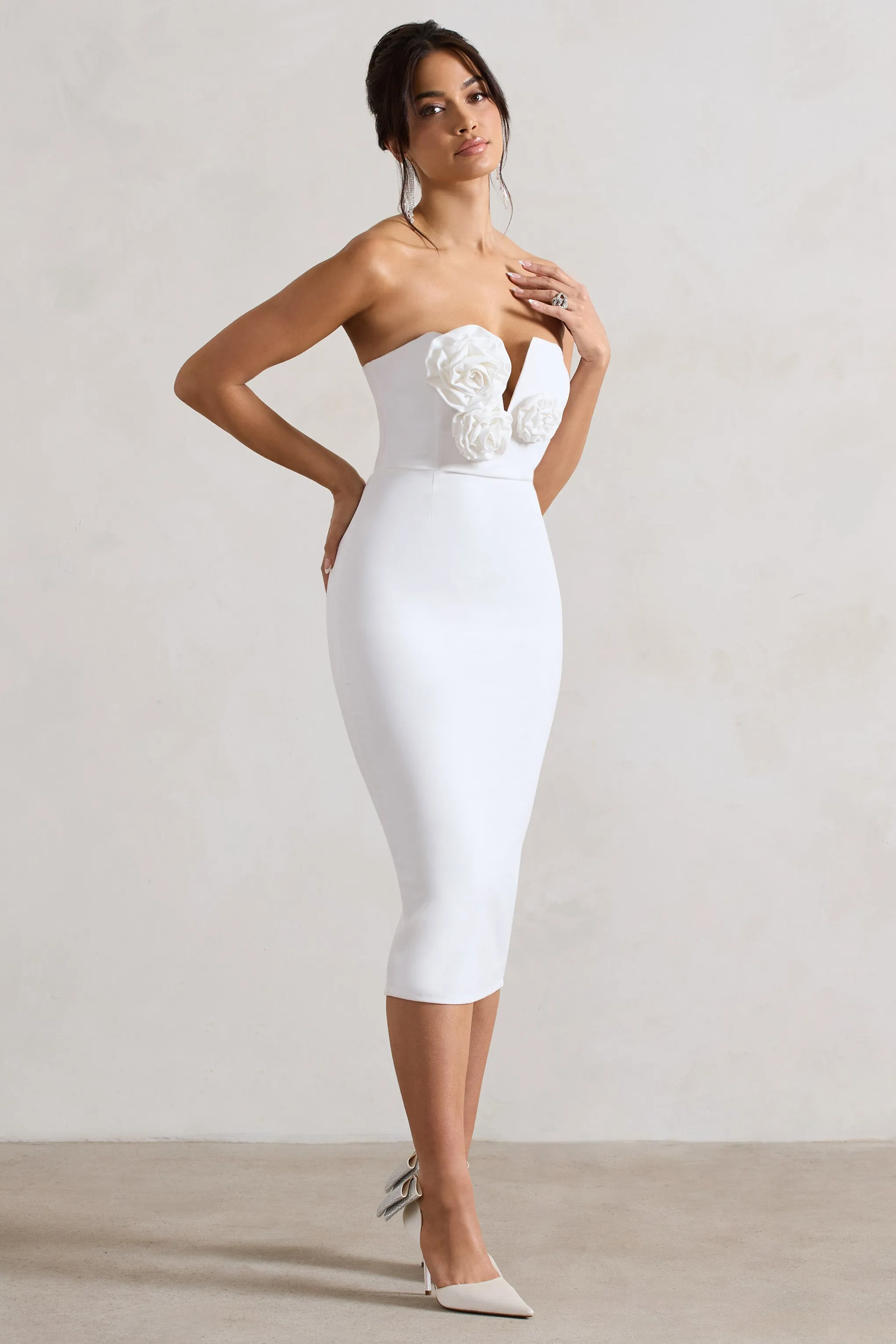Fanciful | White Bodycon V-Neck Midi Dress With Flowers