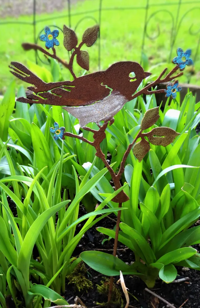 Hand Painted Bird on Forget-Me-Not Flowers Garden Stake Made In USA