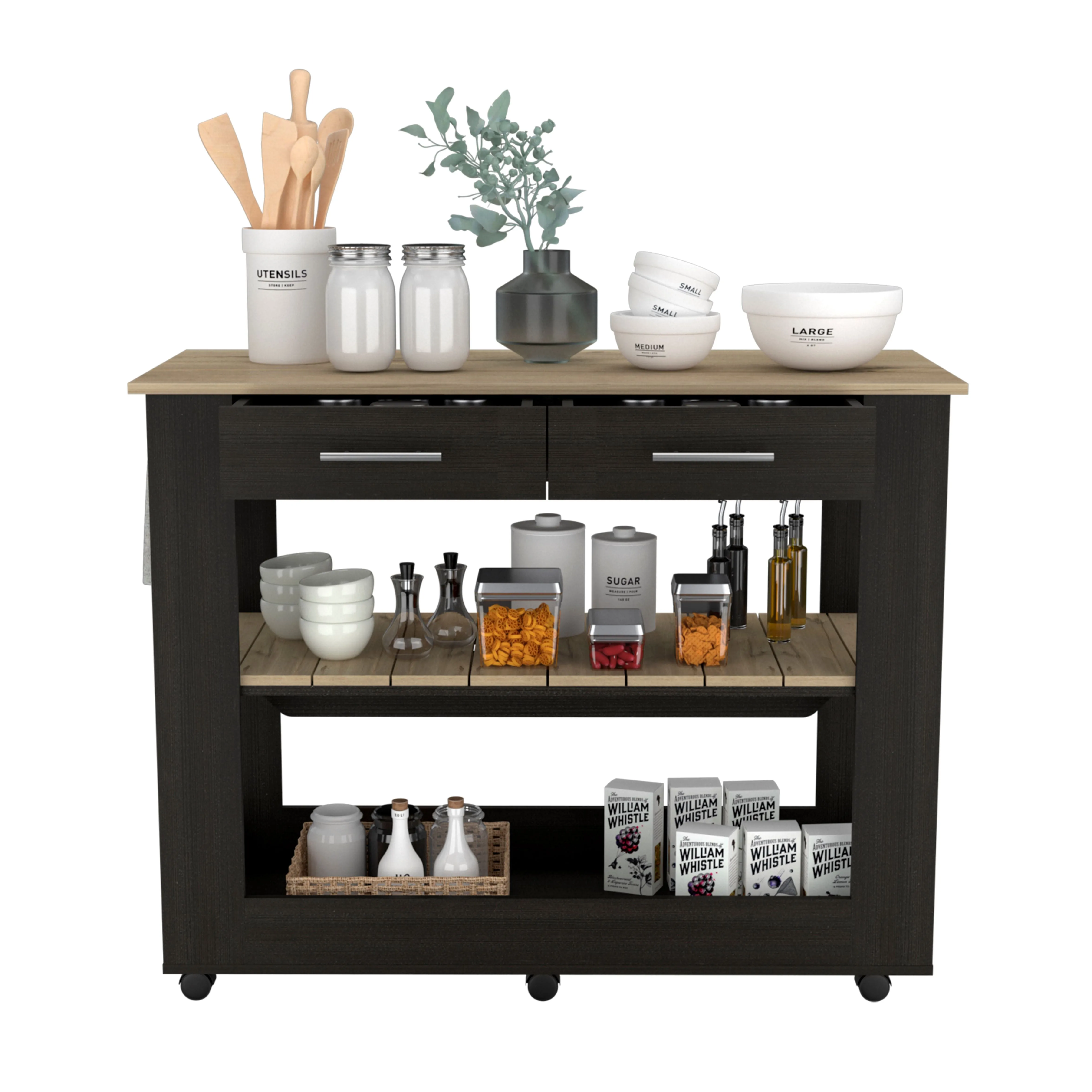 Kitchen Island 46 Dozza 2 Drawers Black/Light Oak
