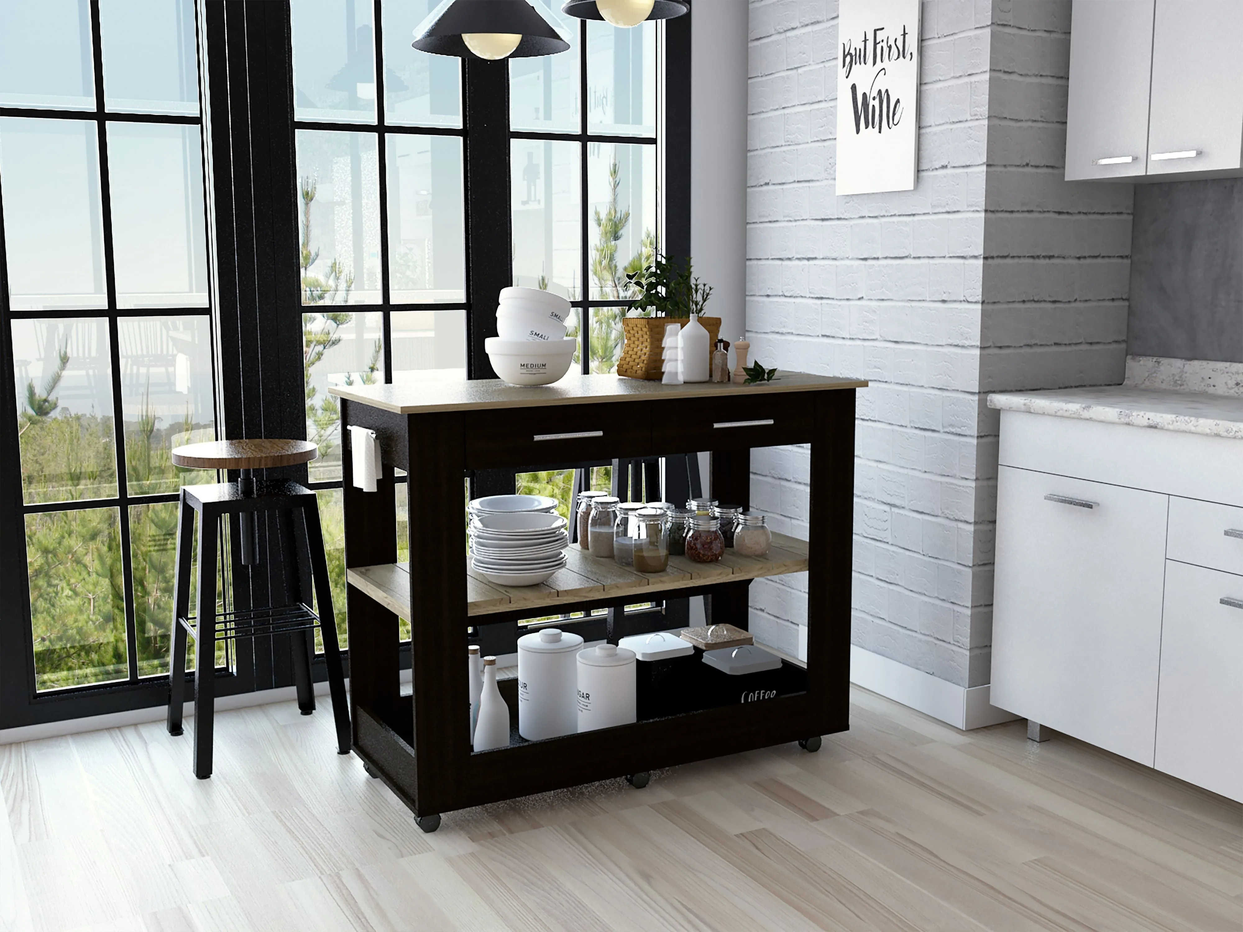Kitchen Island 46 Dozza 2 Drawers Black/Light Oak
