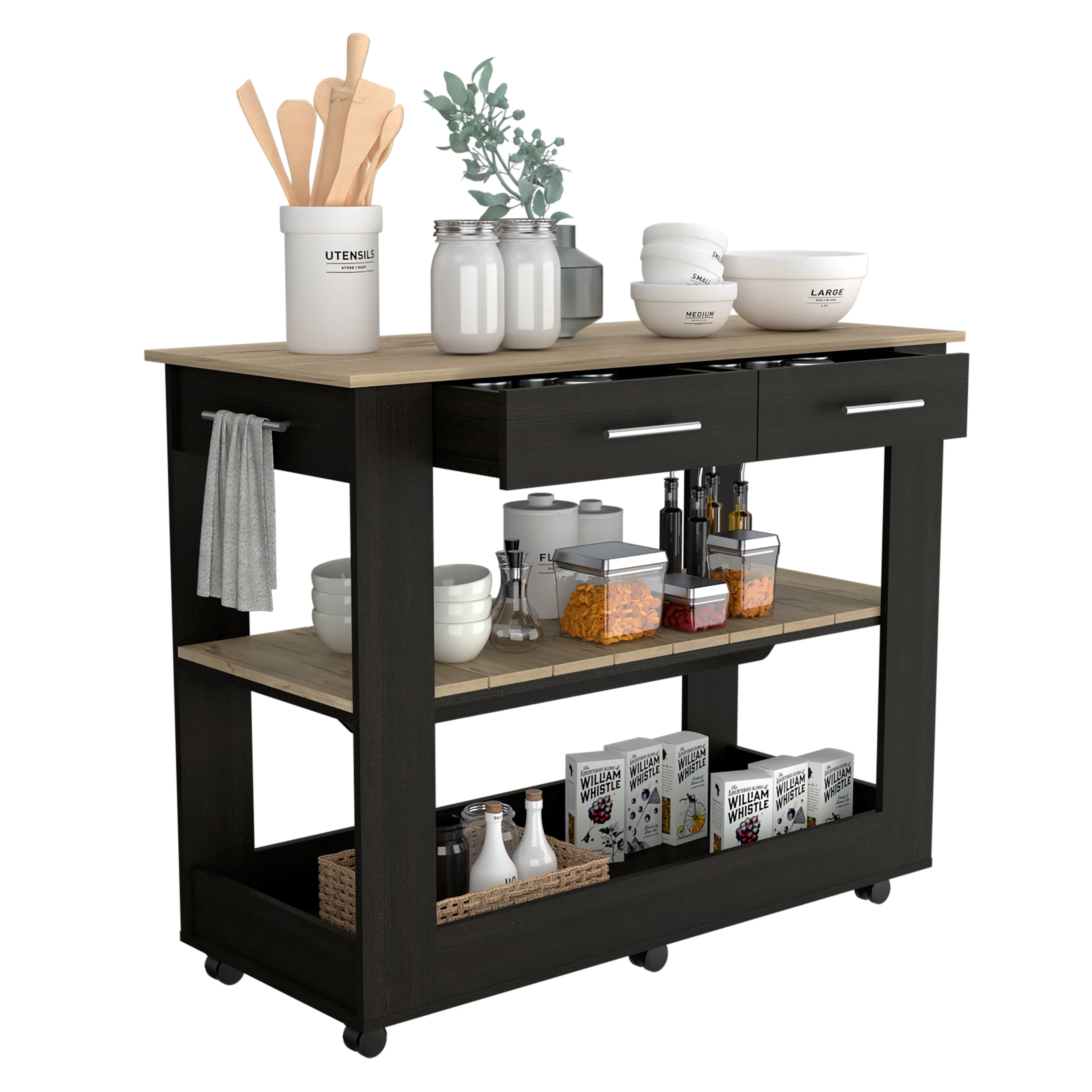 Kitchen Island 46 Dozza 2 Drawers Black/Light Oak