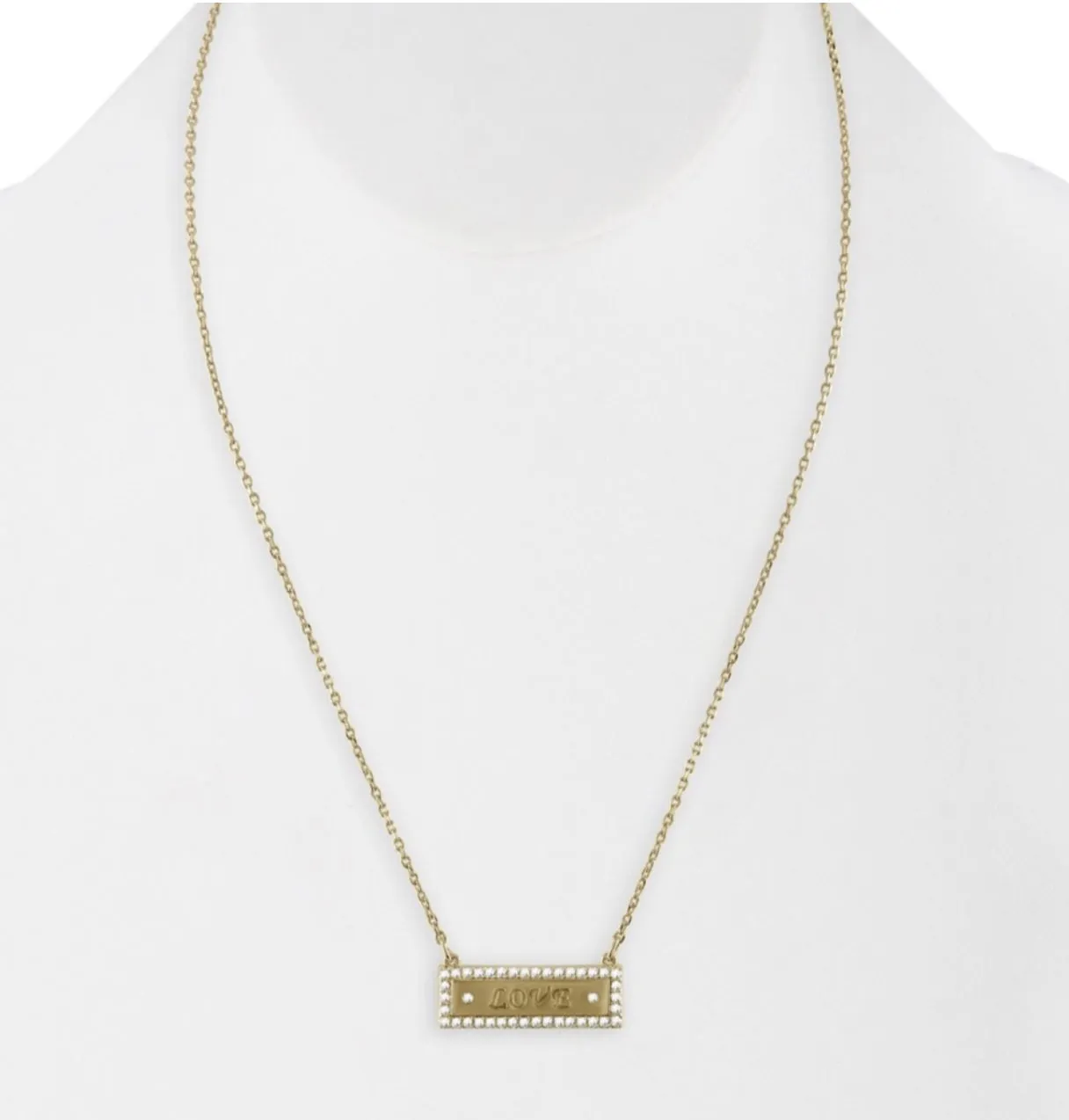 Lulu DK Gold Necklace Bar LOVE Sparkly With Cubic Zirconia Studs