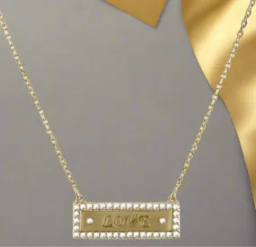 Lulu DK Gold Necklace Bar LOVE Sparkly With Cubic Zirconia Studs