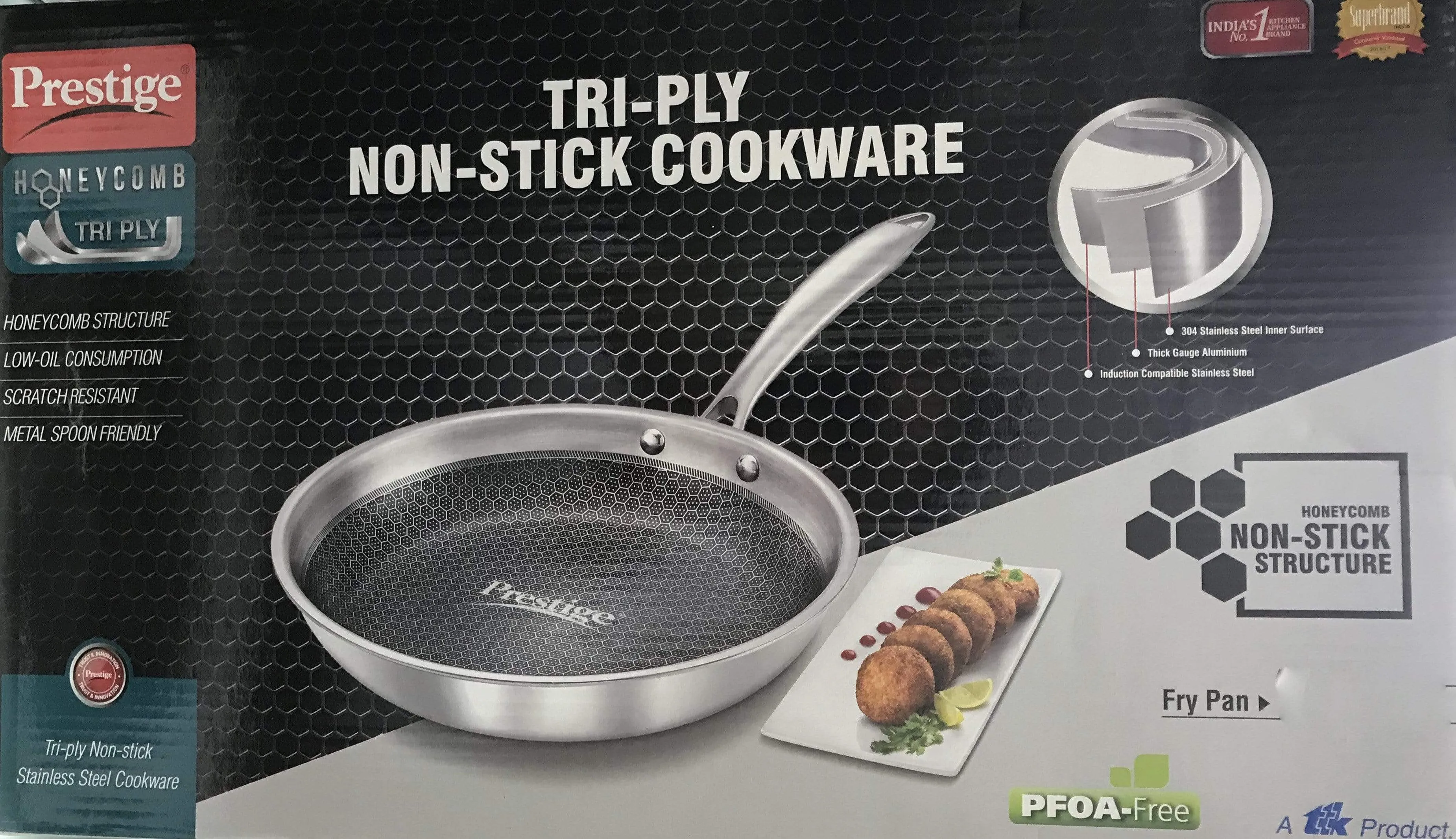 Prestige Tri-Ply Honey Comb Stainless Steel Frypan with Lid