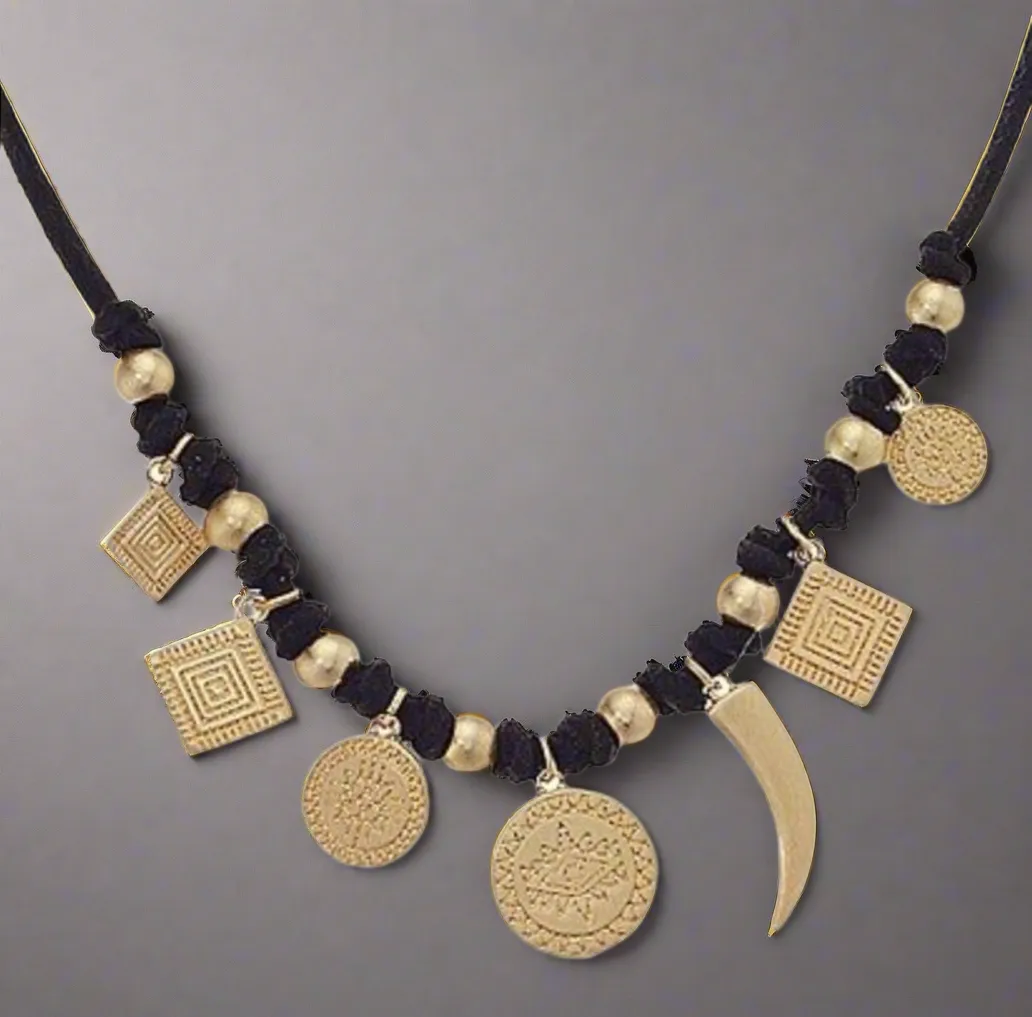 Rebecca Minkoff® Black Leather Cord Etched Coin Charms Necklace